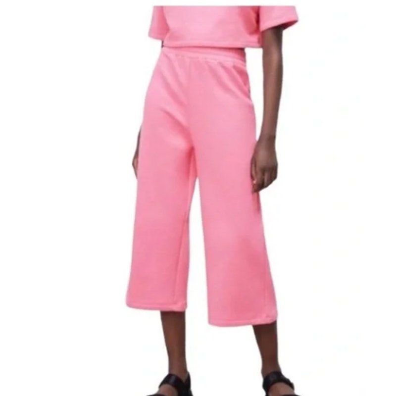 Zara Size M Wide Leg Pink Sweatpants Elastic Waist Back Pocket Barbie Casual